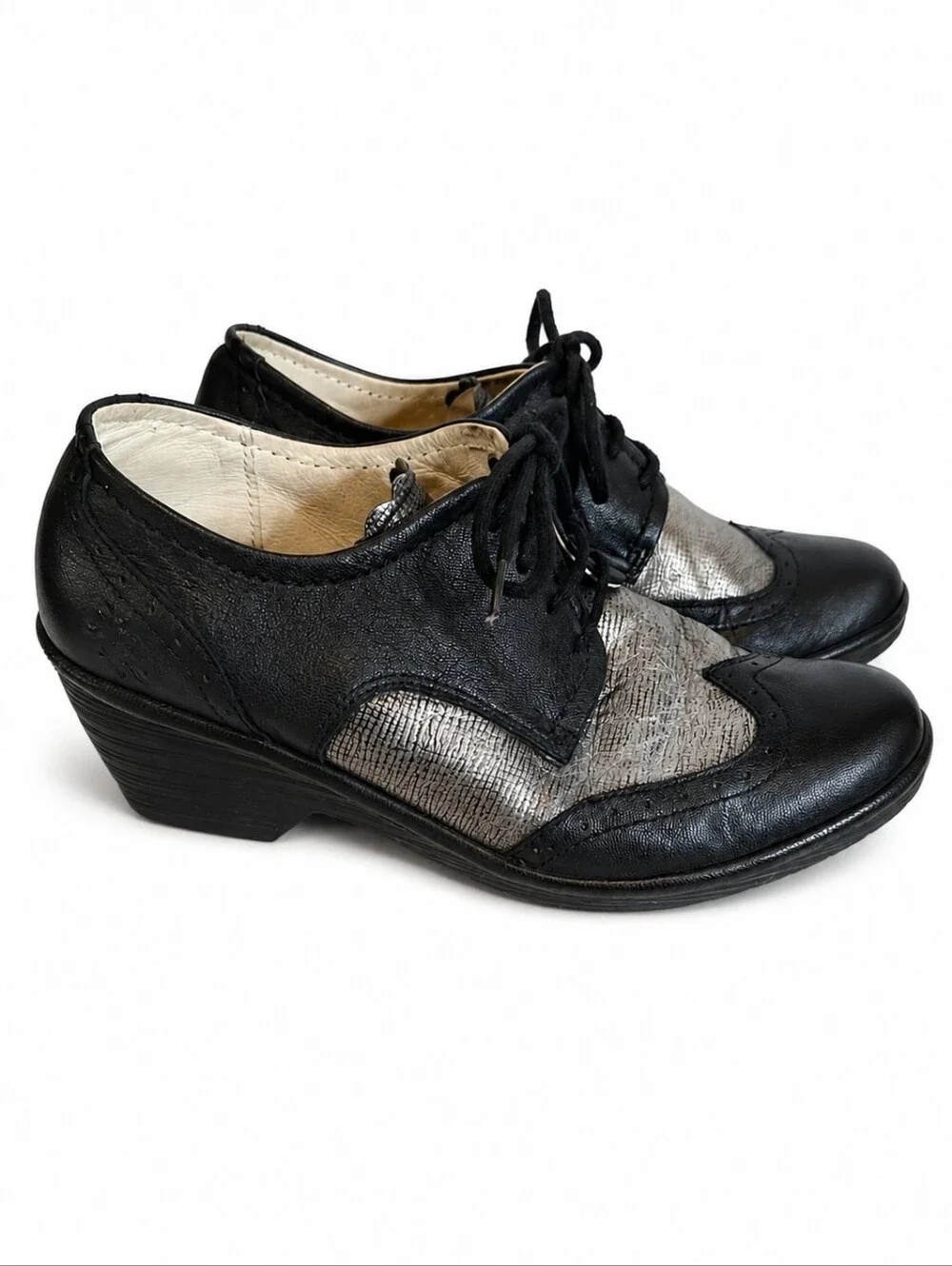 Fly London Black Silver Leather Lace Up Wedge Oxford Shoes Size 40 9- 9.6